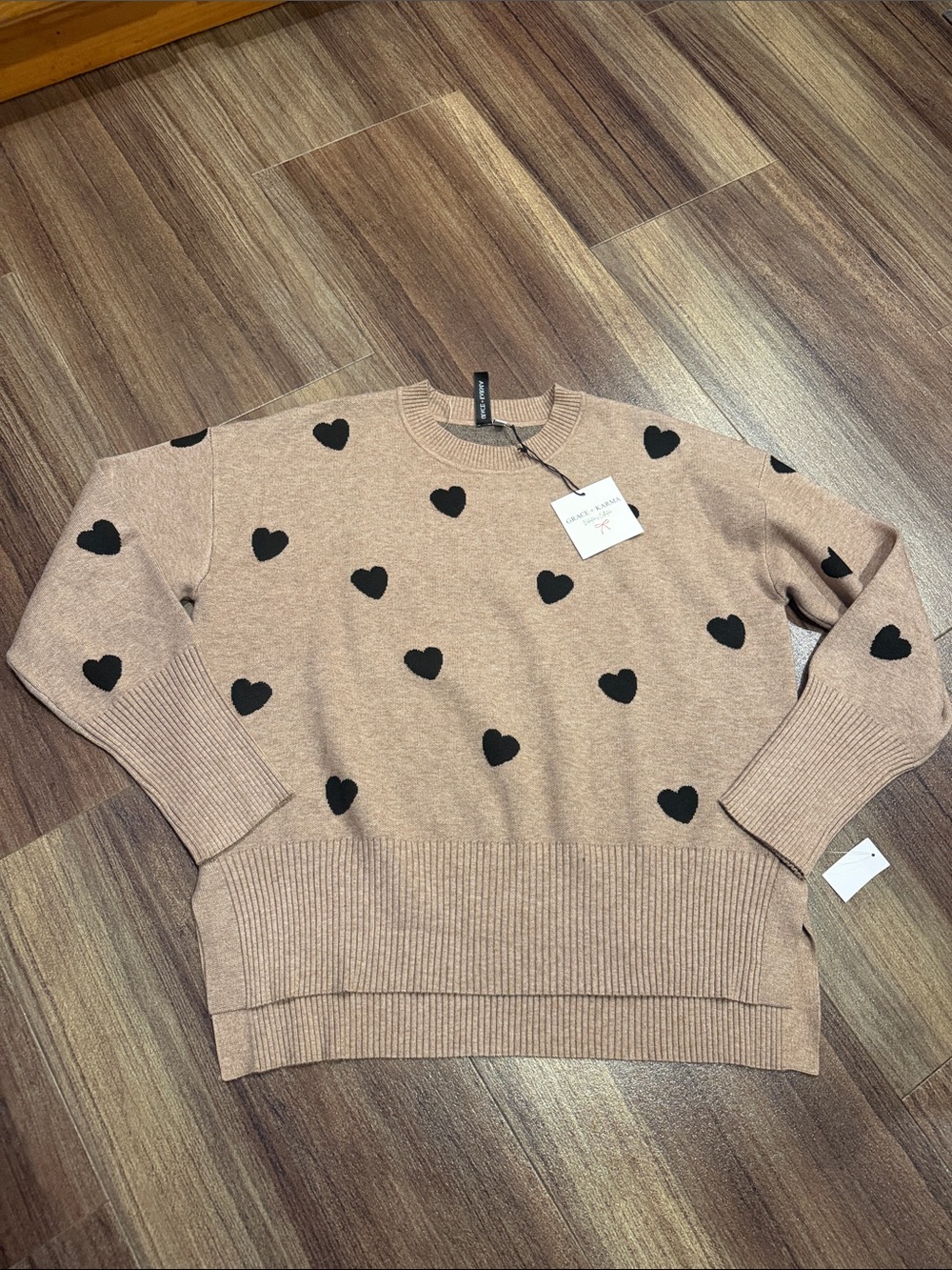 NWT Grace + Karma Cozy Heart Print Crewneck Sweater in Camel